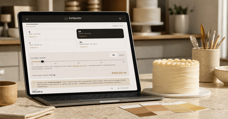 Konfigurator tortu online Sztuka Wypieku - wybór rozmiaru i liczby porcji