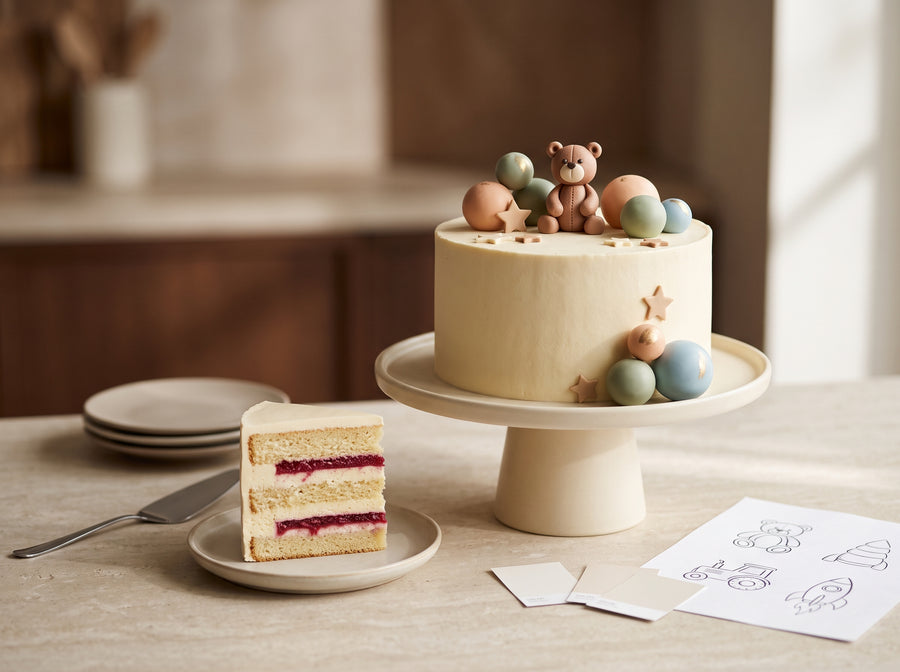 Tort dla dziecka z figurką misia i pastelowymi kulami, obok odkrojony kawałek z warstwami biszkoptu