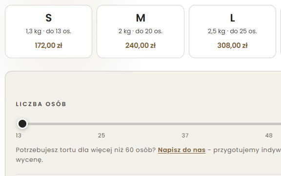 Wybór liczby porcji i ceny w konfiguratorze tortu